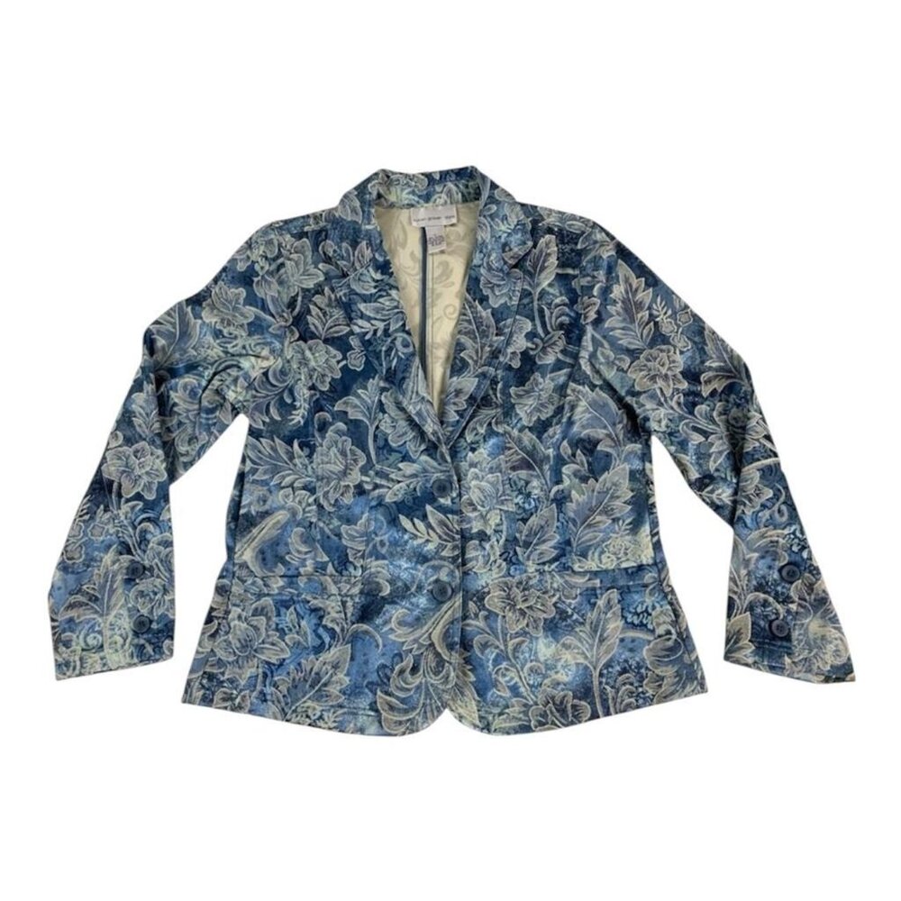 Susan Graver Style Blue Floral Jacquard Blazer Womens Size L